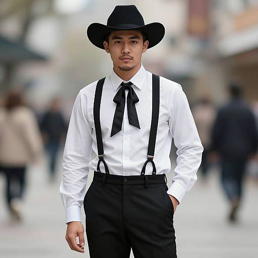 Photograph of a confident Asian man in a black cowboy hat, white shirt with black bow tie, black suspenders, and trousers, standing in a