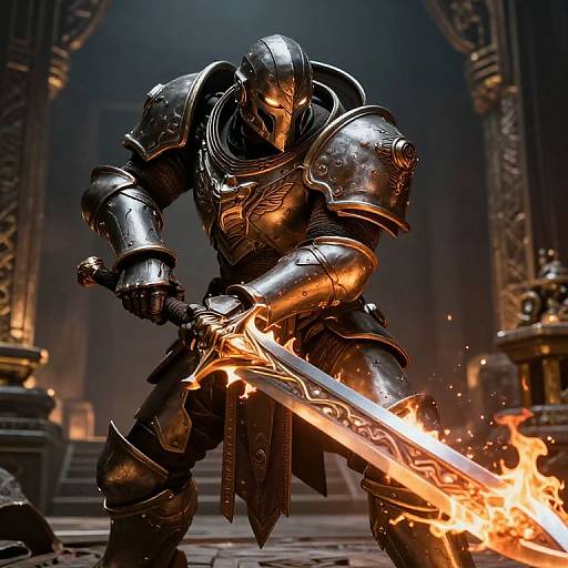 Photorealistic digital art: Armored knight with glowing, flaming sword, in dark, gothic cathedral. Knight's shiny armor reflects light, contrasting