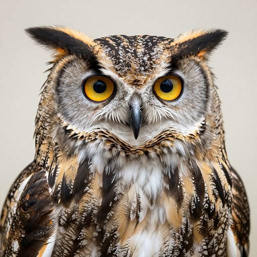 Close-up photograph of a striking Great Horned Owl with vivid yellow eyes, detailed brown and white feather patterns, and intense gaze.