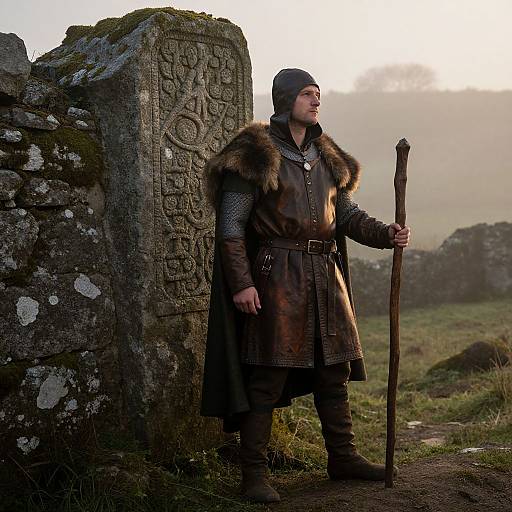 Medieval Man in Foggy Countryside