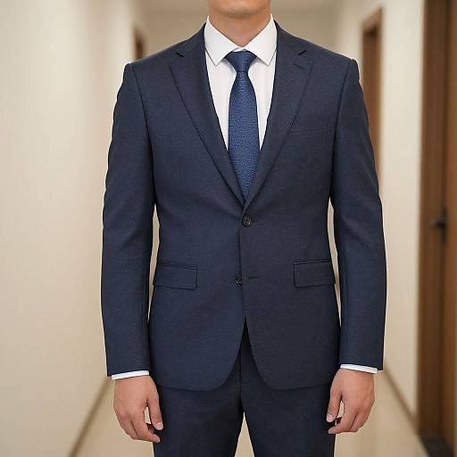 Photograph of a man in a dark navy suit, white shirt, and blue patterned tie, standing in a brightly lit, white-walled hallway