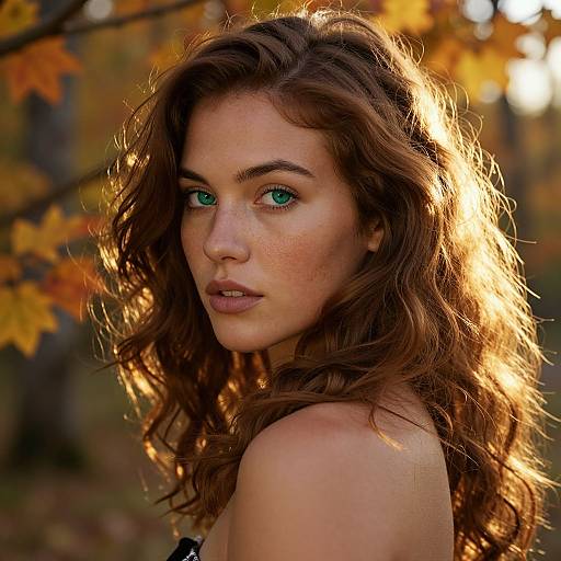 Photograph of a beautiful, freckled, red-haired woman with green eyes, standing among autumn leaves, sunlight highlighting her wavy hair, wearing