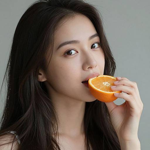Photograph of an Asian woman with long black hair, fair skin, and brown eyes, biting into a halved orange against a plain gray background.