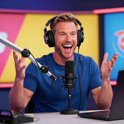 Photograph of a smiling, bearded man with short blonde hair, wearing a blue shirt and black headphones, gesturing with both hands while talking into