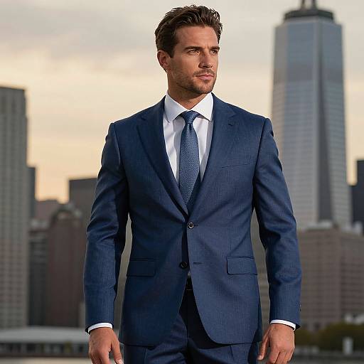 Photograph of a handsome, brown-haired man in a navy blue suit, white shirt, and blue tie, standing against a city skyline with tall skys
