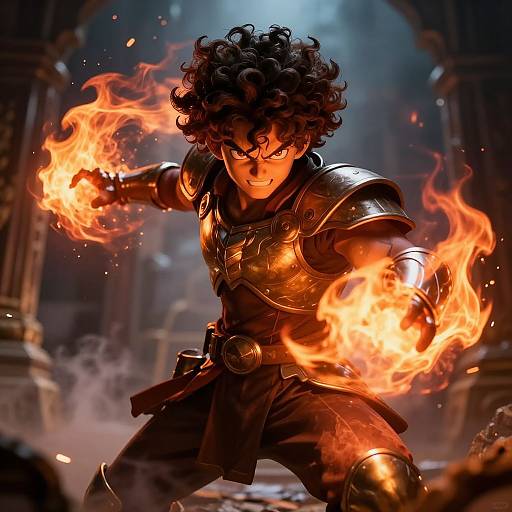 Digital artwork of a curly-haired, fierce warrior with glowing orange fire in both hands, wearing shiny black armor, in a dark, smoky temple.
