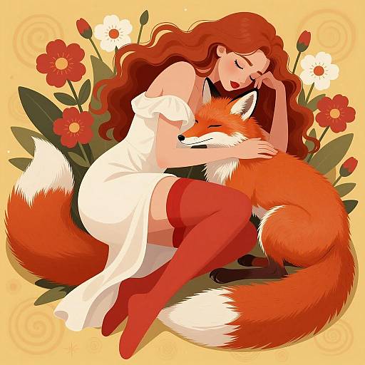 Surreal Woman and Fox Embrace Illustration