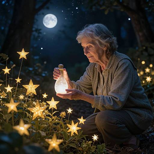 Photograph of an elderly woman with white hair, in a gray cardigan, kneeling in a dark forest at night, illuminating glowing star-shaped lights