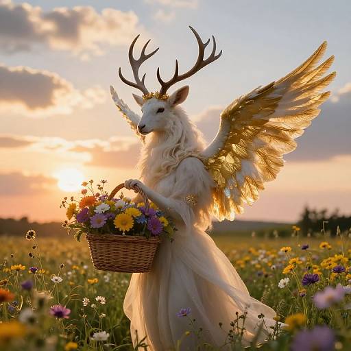 Photograph of a mythical white deer with golden wings and antlers, holding a flower basket, in a sunlit meadow at sunset.
