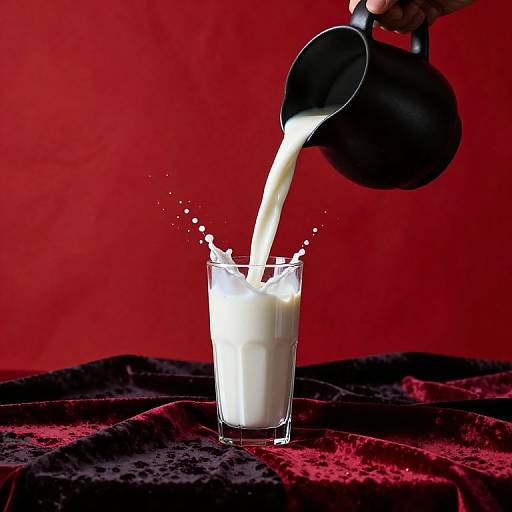 Pouring Milk into Glass with Red Velvet Background