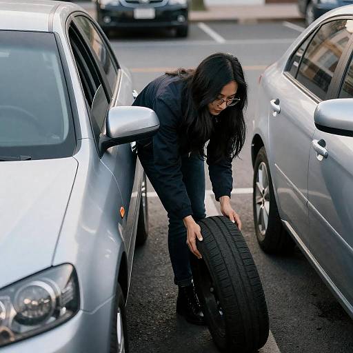 Woman Changing Tire Between Parked Cars