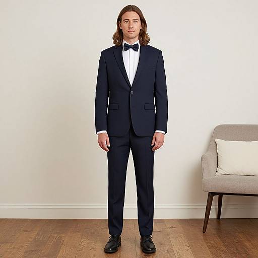 Photograph of a man with shoulder-length brown hair, wearing a black tuxedo, white shirt, black bow tie, standing in front of a