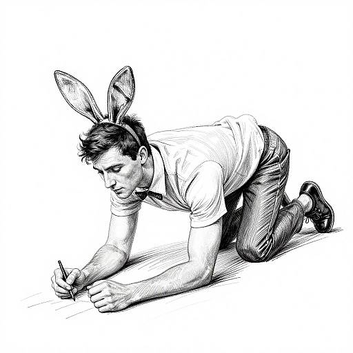 Black-and-white sketch of a man with bunny ears, kneeling and writing on the floor, wearing a collared shirt and pants.