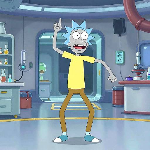 Cartoon image of a spiky-haired man in a yellow shirt, pointing up, in a futuristic lab with glowing equipment and colorful beakers.