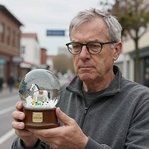 Serious Man with Snow Globe in City