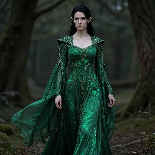 Photorealistic digital artwork of a pale-skinned, dark-haired elf woman with pointed ears, wearing a flowing, green, iridescent gown,