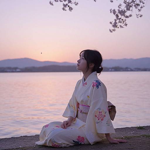 Tranquil Sunset with Kimono Girl