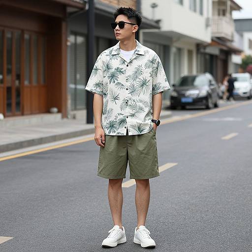 Photograph of an Asian man with short black hair, wearing black sunglasses, a white tropical print shirt, olive green shorts, and white sneakers, standing