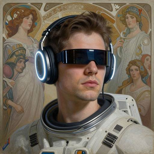 Photorealistic digital art: Modern man in astronaut suit with futuristic headphones and black visor, set against classical paintings of mythological figures.