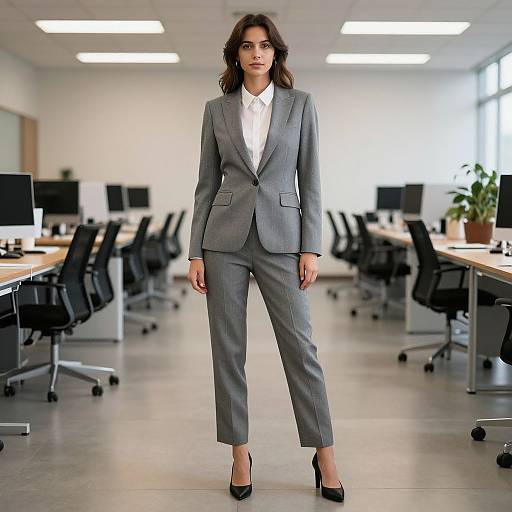 Photograph of a confident woman with wavy brown hair, wearing a gray tailored suit, white shirt, and black heels, standing in a bright,