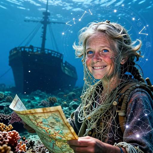Photograph of a smiling young girl with long blonde hair underwater, holding a map, surrounded by coral, ship in the background, with sparkling lights and
