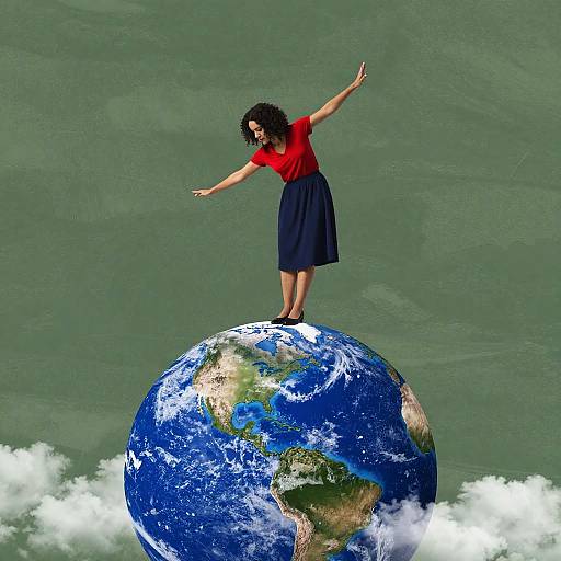Digital artwork of a curly-haired woman in red shirt and navy skirt, balancing on Earth, arms outstretched, above green ocean.