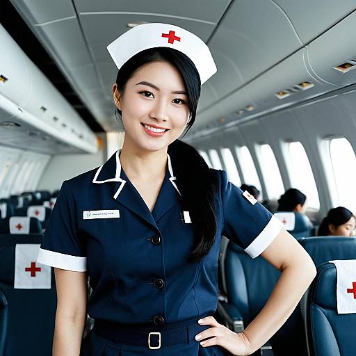 Asian Flight Nurse in Uniform Smiling on Plane