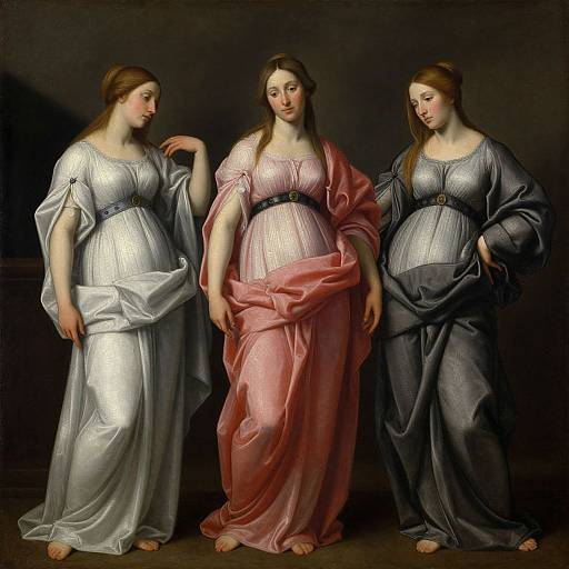 Renaissance painting of three pregnant women in flowing, glistening dresses; one in silver, one in pink, one in blue, standing against a