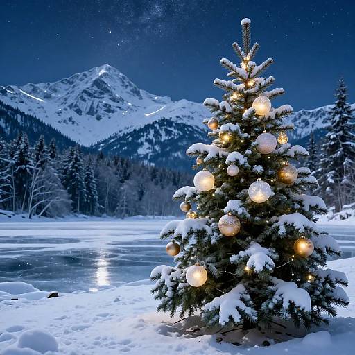 Photograph of a snow-covered Christmas tree with glowing lights near a frozen lake, with illuminated mountain peaks in the background under a starry night sky.