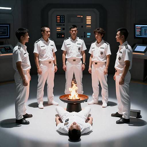 Men in White Uniforms Around Fire Pit in Futuristic Room