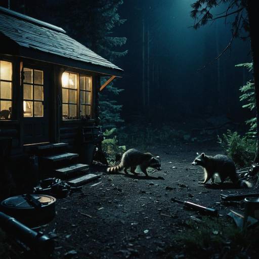 Raccoons Intruding on a Hunter's Outpost