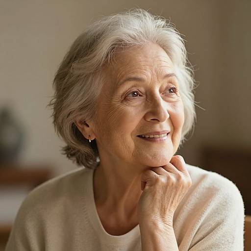 Photograph of an elderly woman with short gray hair, wearing a cream sweater, smiling gently, resting her chin on her hand. Sunlight highlights her