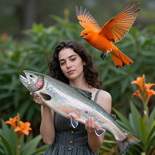 Photograph of a young woman with curly dark hair, wearing a gray dress, holding a large silver fish, with an orange bird in mid-flight above