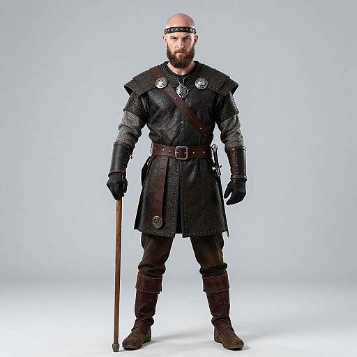 Bald, bearded man in medieval armor, black tunic, leather belt, gloves, boots, holding wooden staff, white background, studio photograph