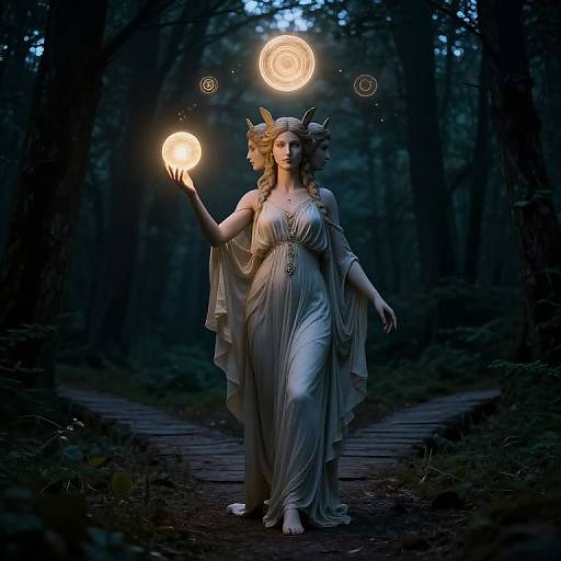 Digital artwork of a mystical, three-headed woman in a flowing white dress, holding glowing orbs, walking a forest path at dusk.