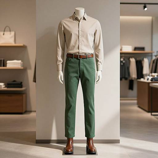Photograph of a mannequin displaying a beige button-up shirt, green trousers, brown belt, and brown leather shoes in a modern clothing store with