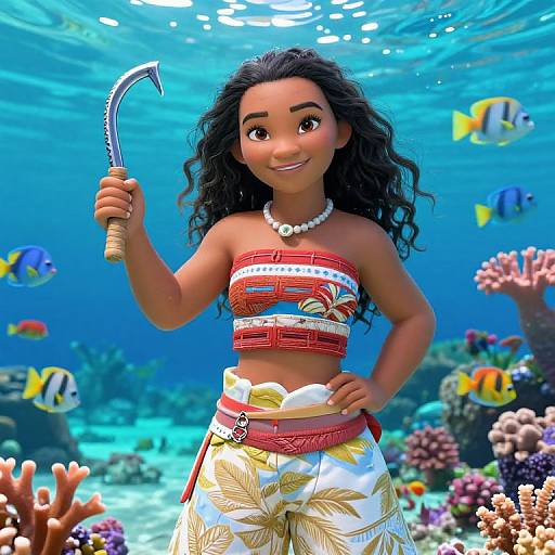 Digital illustration of a smiling Polynesian girl with dark curly hair, wearing a red strapless top, white sarong with floral patterns, and pearl