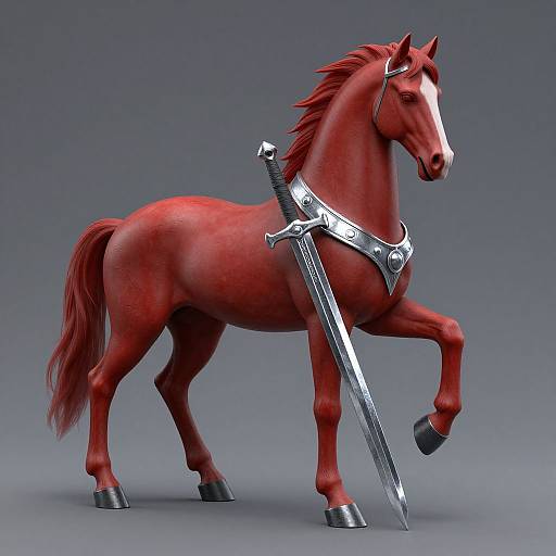 Digital CGI of a red horse with a white blaze, wearing a silver chest armor and holding a large, ornate sword in its mouth, standing on