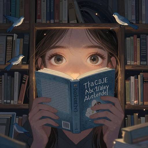 Digital illustration of a girl with wide, glowing eyes reading 