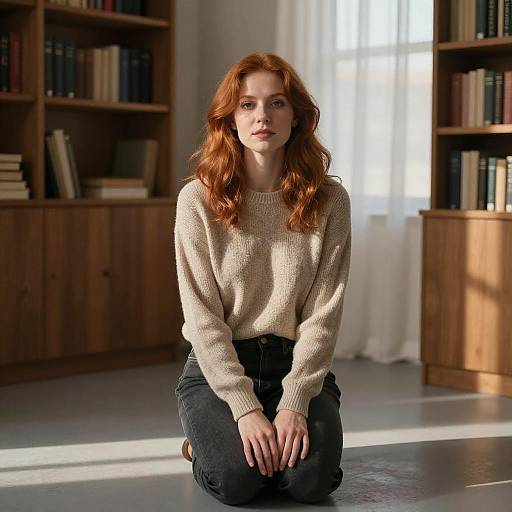 Photograph of a red-haired woman kneeling in a sunlit library, wearing a cream knit sweater and dark jeans, with wooden bookshelves and white