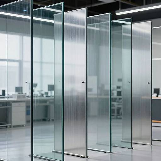 Photograph of modern office with frosted glass cubicle walls, bright white overhead lights, and blurred computer desks in the background.