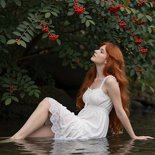 Photograph of a red-haired woman in a white lace dress, sitting in shallow water, surrounded by dark green leaves and red berries, eyes closed,