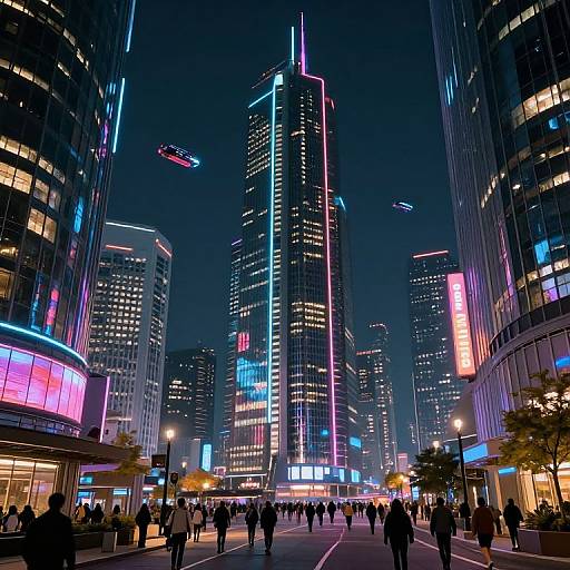 Neon-lit urban night scene photograph: bustling city street with tall, brightly illuminated skyscrapers, colorful LED lights, crowds of people, and