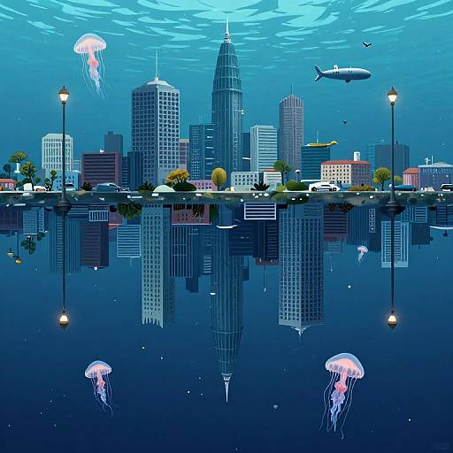 Digital artwork of a city skyline underwater, featuring jellyfish, a plane, and reflected buildings, with vibrant blue and neon colors.