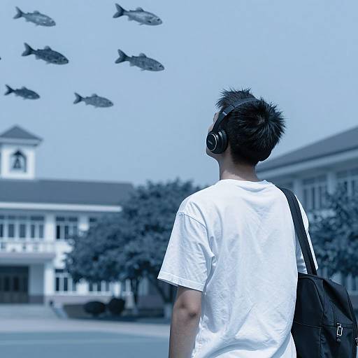 Young Man in Blue Monochrome Scene
