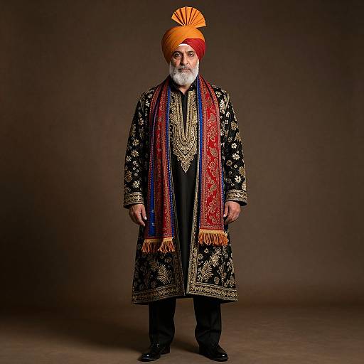 Photograph of an elderly man with a white beard wearing an orange turban, black embroidered coat, and colorful scarves, standing against a dark brown