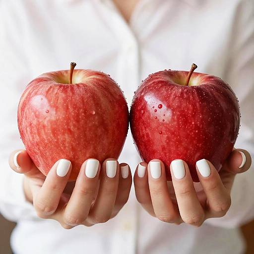 Glossy Red Apples in Manicured Hands