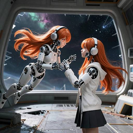 Digital art of two red-haired, robotic girls with white and black mechanical limbs, wearing headphones, holding hands in a futuristic spaceship.