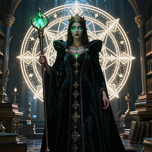 Digital artwork of a dark-haired woman in a black, ornate, crown-adorned robe, holding a glowing green staff, standing in front of