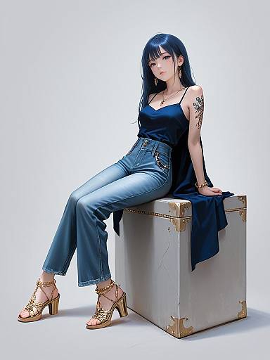 Woman in Navy Satin Top and Denim Jeans